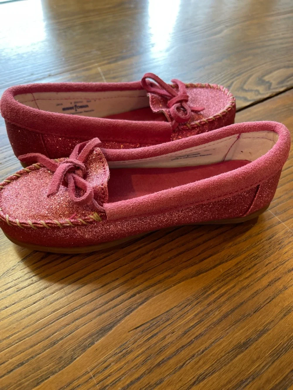 Minnetonka Kids Pink Glitter Suede Moccasins